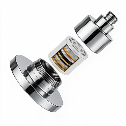 A chrome-finished metal faucet aerator or shower attachment shown exploded against a plain white background, revealing internal filter or mesh layers.
