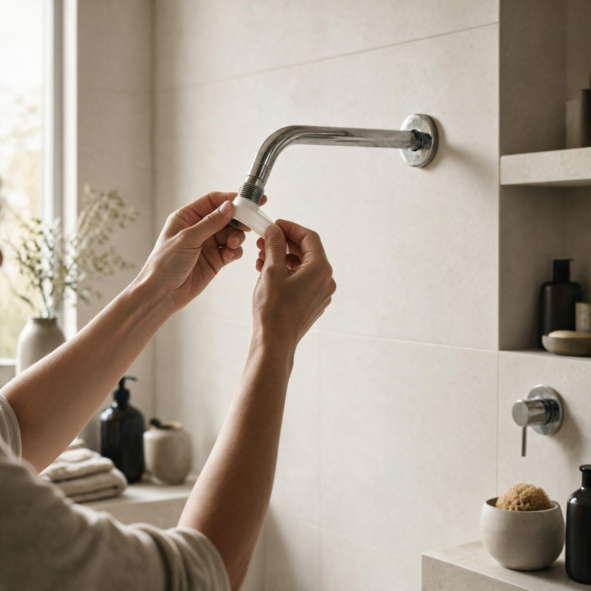 installing the plumber tape on showerhead arm