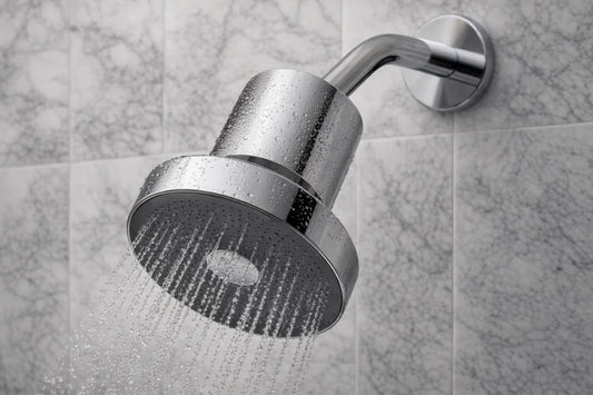 A polished chrome shower head mounted on a wall, shown with water spraying from the shower head against a gray marble-tiled background.