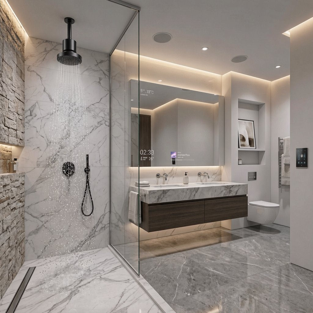 A modern bathroom interior with a glass-enclosed shower area, marble walls and floor, floating double-sink vanity, wall-mounted toilet, recessed lighting, and built-in shelving.