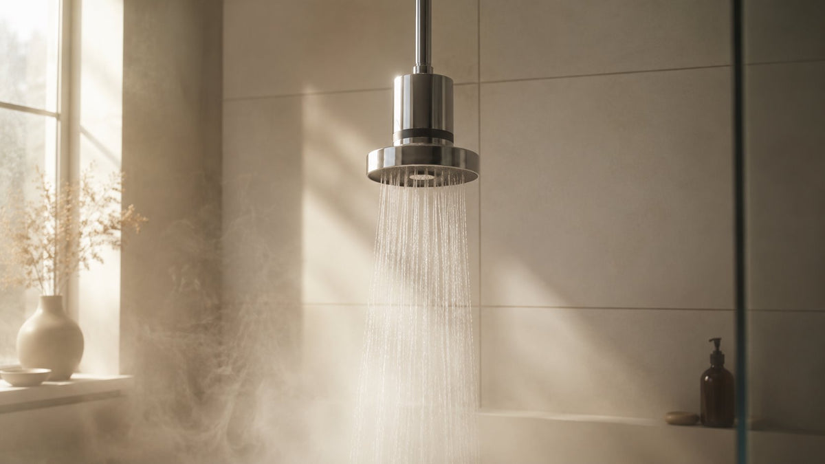 A modern round shower head with water running from it, mounted on a wall in a bathroom with warm sunlight, steam, and a glass door frame.