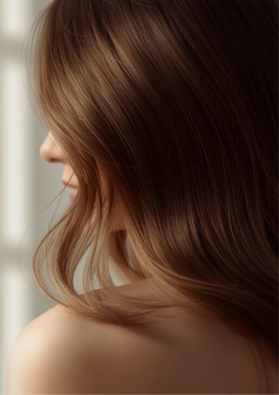Close-up side profile of a woman with long, straight, medium brown hair with warm caramel highlights, showing the texture and color of the hair.