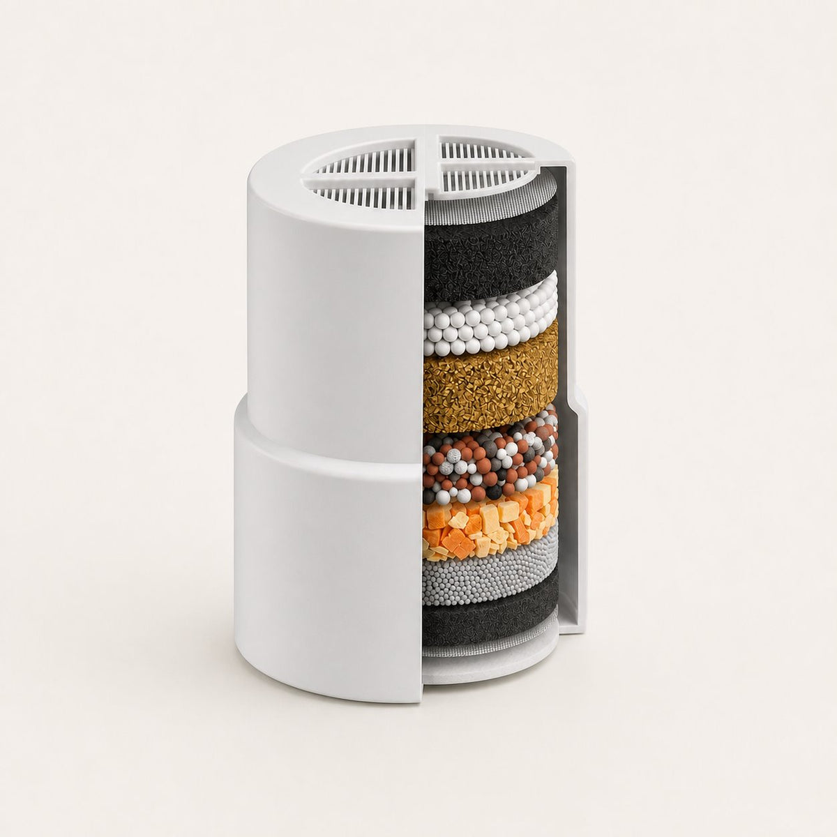 A white cylindrical water filter canister with a cutaway side view showing multiple colored filter cartridges inside, set against a solid off-white background.