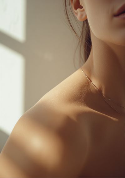 A close-up lifestyle shot of a woman's bare shoulder and neck, wearing a delicate gold chain necklace with a small pearl bead, set against a warm, softly lit background with window shadows.