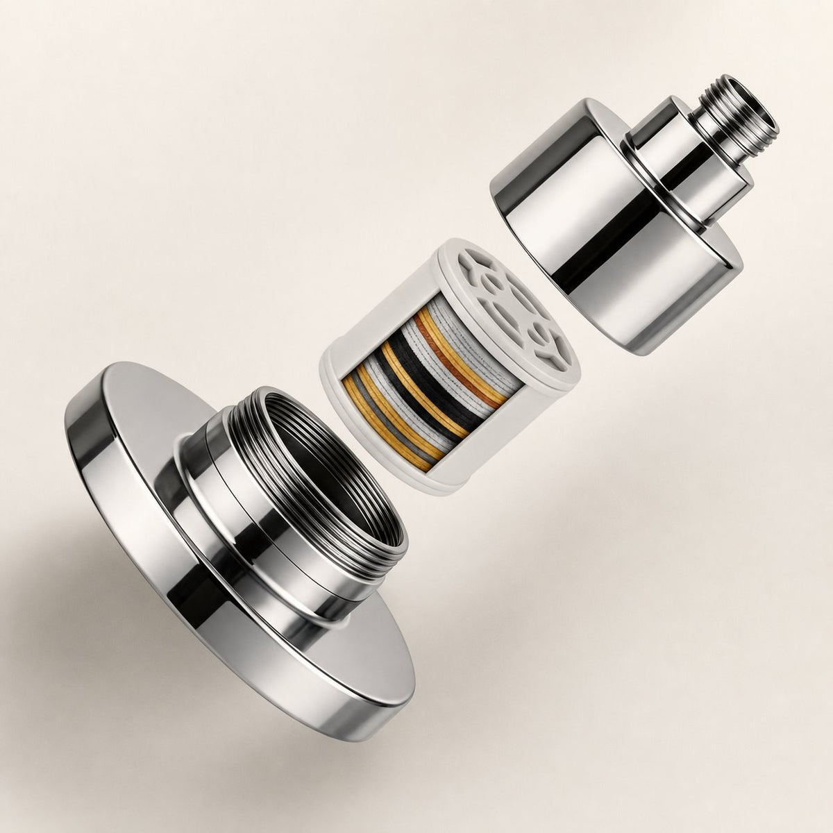 A polished chrome metal faucet aerator or shower attachment shown in an exploded view, revealing internal filter layers, on a light beige background.
