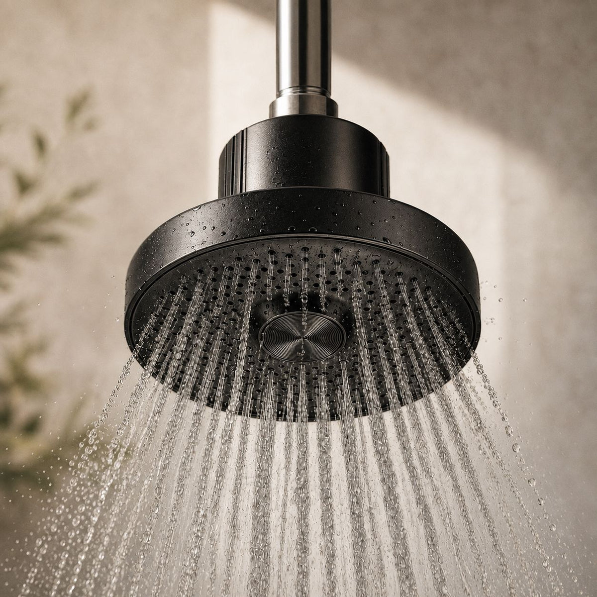 A round black rain shower head with water spraying out, mounted on a chrome pipe against a warm beige textured wall.