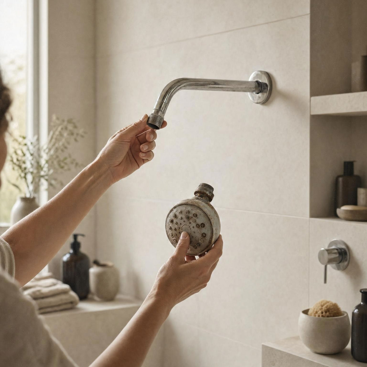 A person in a bathroom removing old rusty showerhead from mounted shower arm. The bathroom has light beige tiled walls and shelves with neutral-toned toiletries.