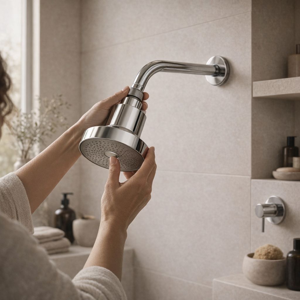 A person installs a polished chrome shower head onto a curved wall-mounted shower arm in a modern bathroom with beige tiled walls and shelves.